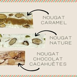 Lot de Nougats de No�l contenant une barre de nougat caramel, une barre de nougat nature et une barre de nougat chocolat-cacahu�tes