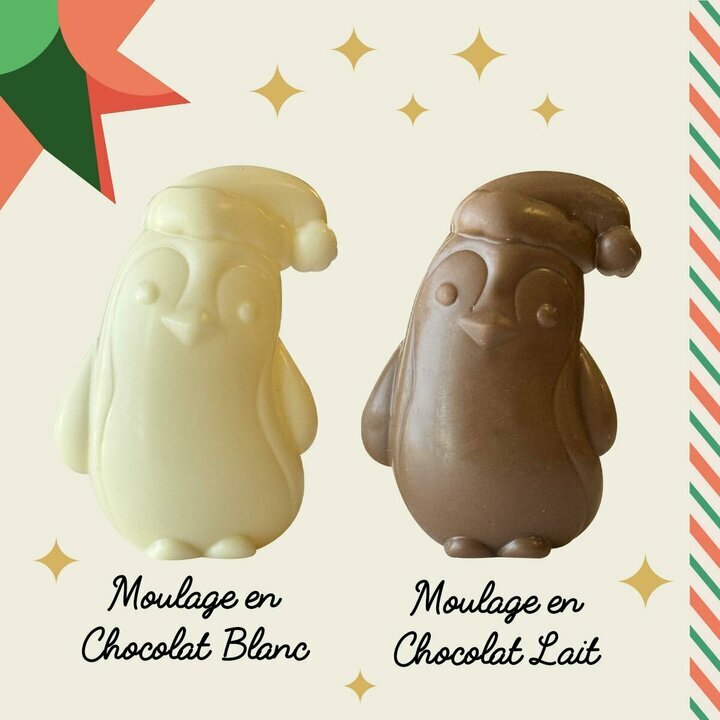 Lot de 2 Pingouins de No�l : un moulage en chocolat blanc et un moulage en chocolat lait