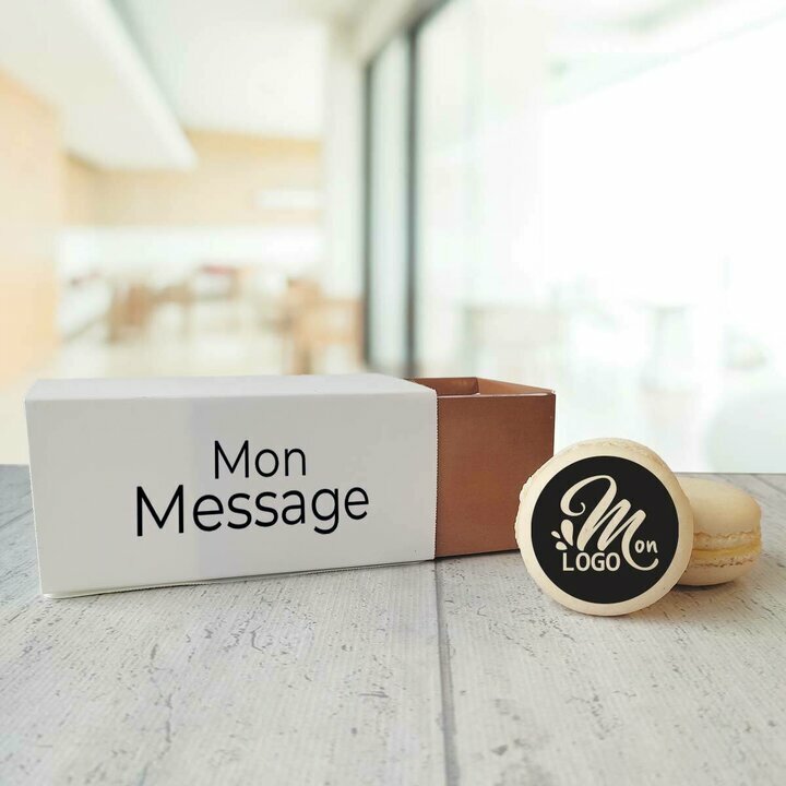 Bo�te de 4 macarons vanille personnalis� avec logo et message sur le th�me or