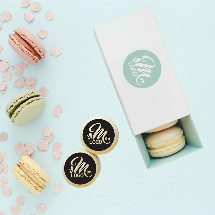 Bo�te de 4 macarons personnalis� entreprise sur le th�me vert d'eau