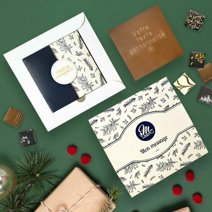 Coffret Duo Carte � Croquer Message - Collection No�l Entreprise th�me Feuillage Bleu