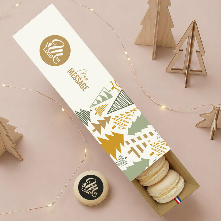 Coffret 8 macarons personnalis�s - Collection No�l Entreprise th�me For�t de Sapins