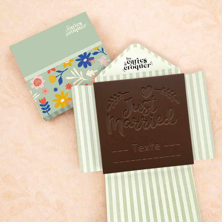 Carte � Croquer - Mod�le Just Married Chocolat Noir Enveloppe Mod�le Fleurs